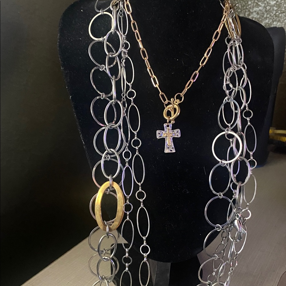 Chic Gold and Silver Necklace/ Cross Pendant 5 layering necklaces free earrings - Picture 1 of 10